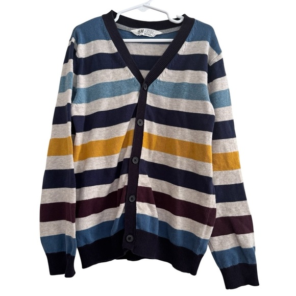H&M Stripes Cardigan Knit Sweater V-neck Button up Long Sleeve Boys Girls 8-10 - Picture 1 of 4